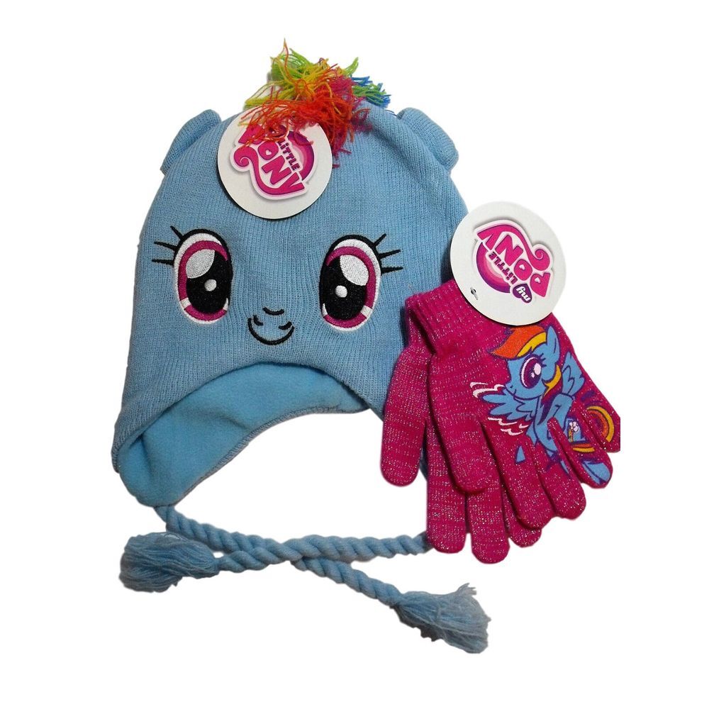 My Little Pony Blue Girl Knit Beanie Winter Hat TIE Rainbow Dash Pink Gloves NWT